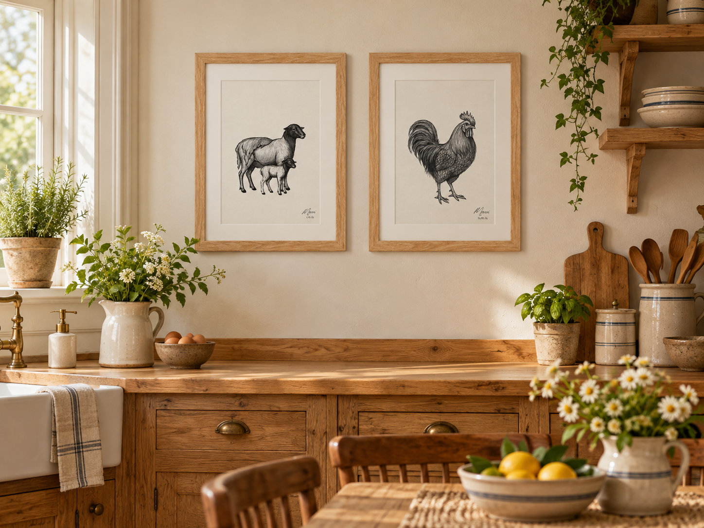 At home on the farm: Sheep & rooster · Natural wood frames
