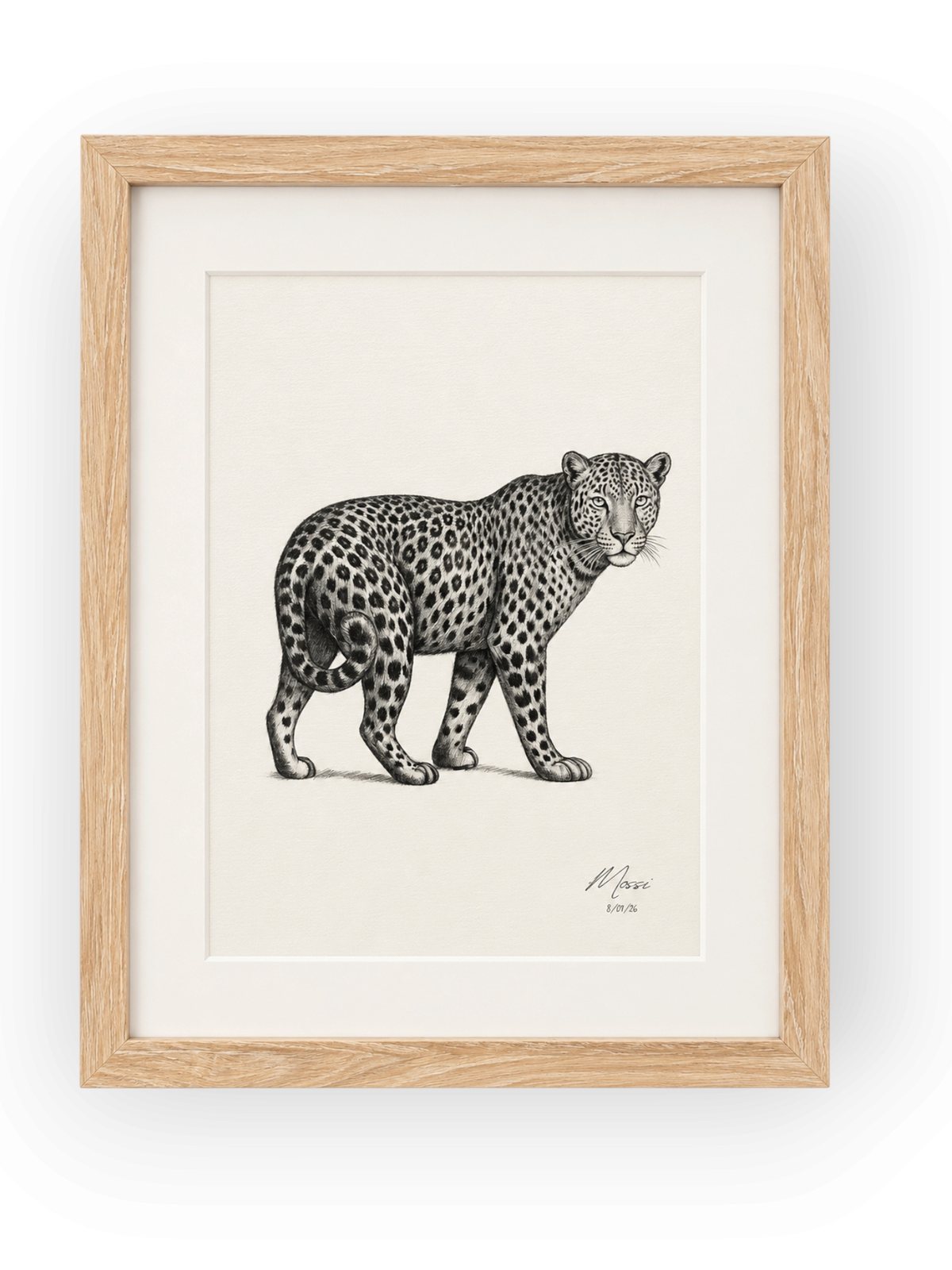 Framed black and white leopard drawing by Mossi