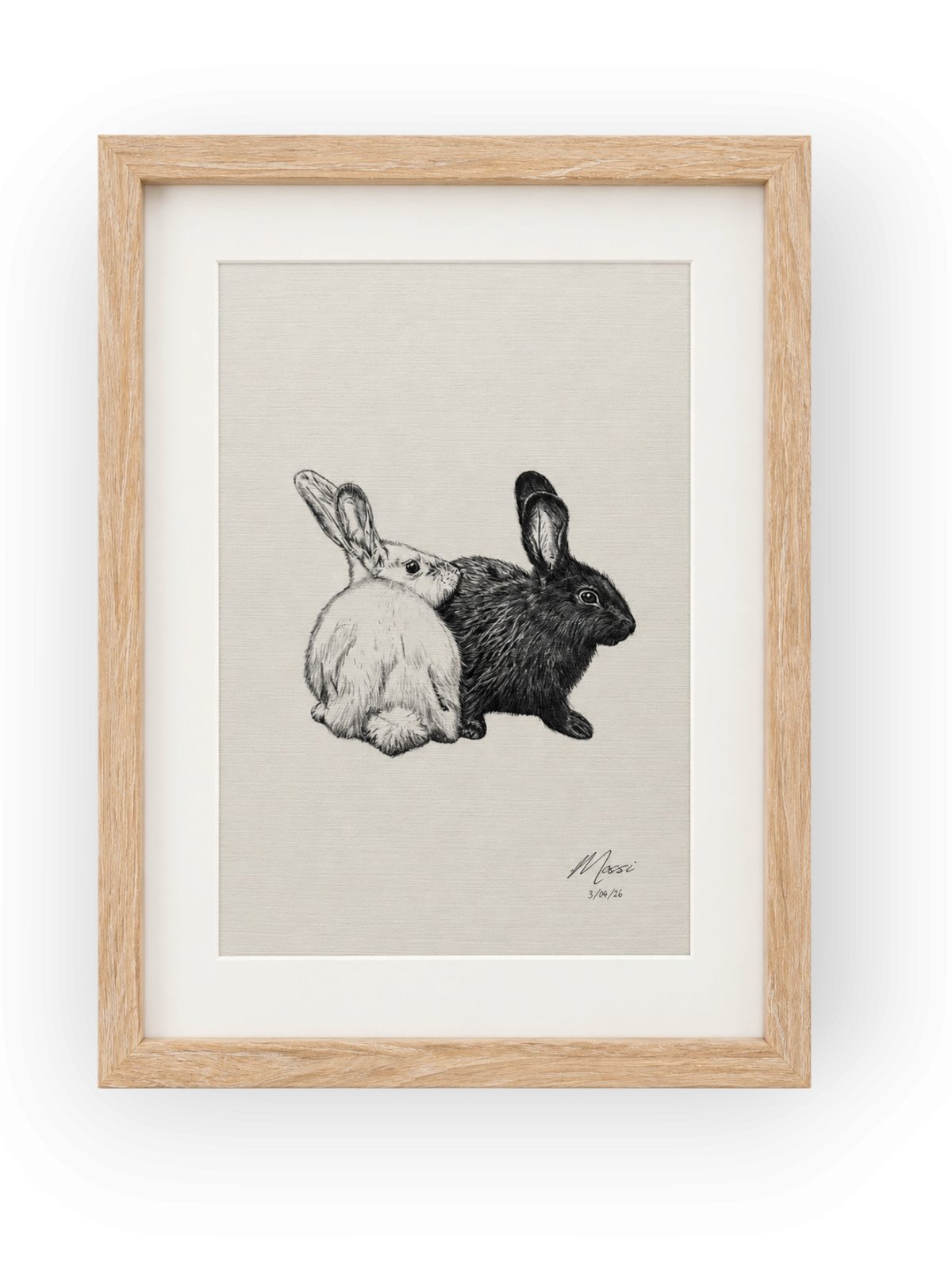 Framed black and white rabbits drawing by Mossi