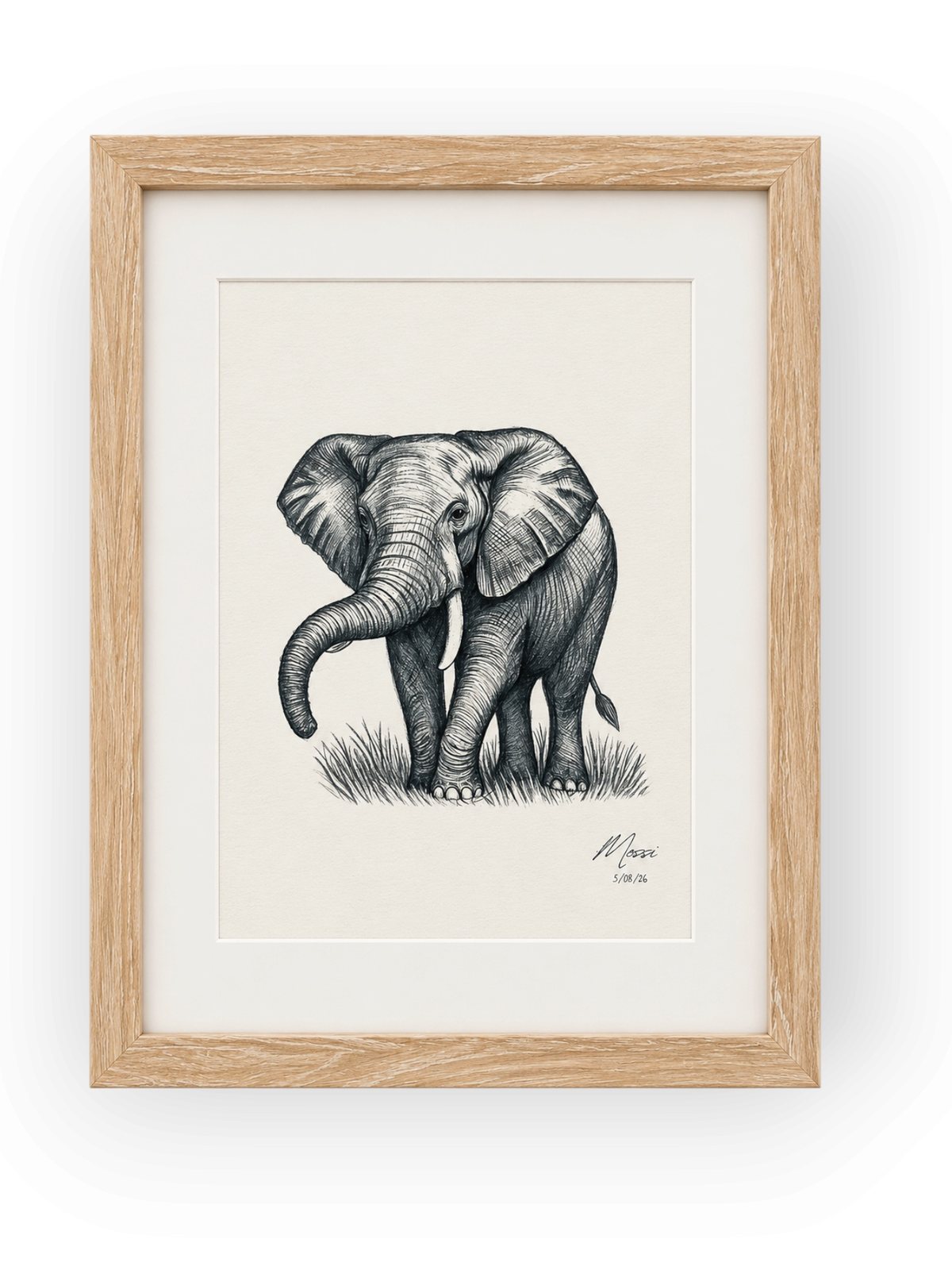 Framed black and white elephant drawing by Mossi