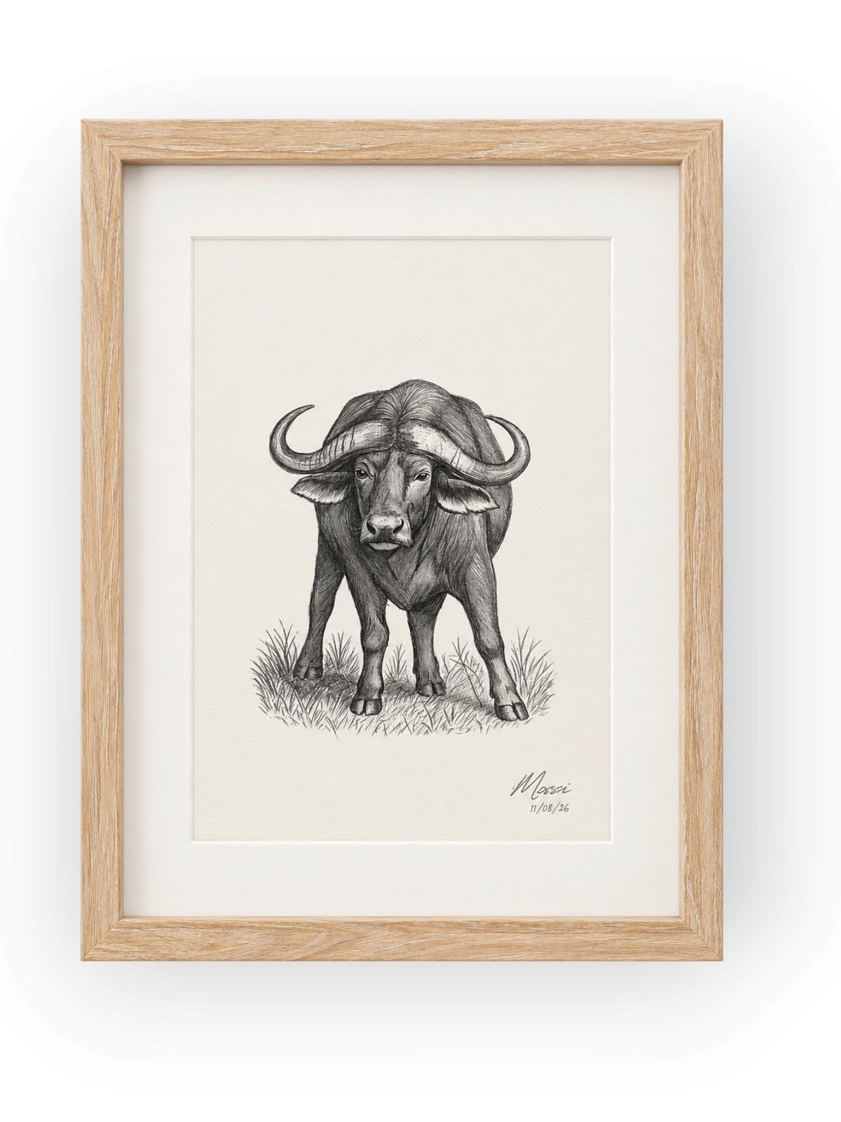 Framed black and white buffalo drawing by Mossi