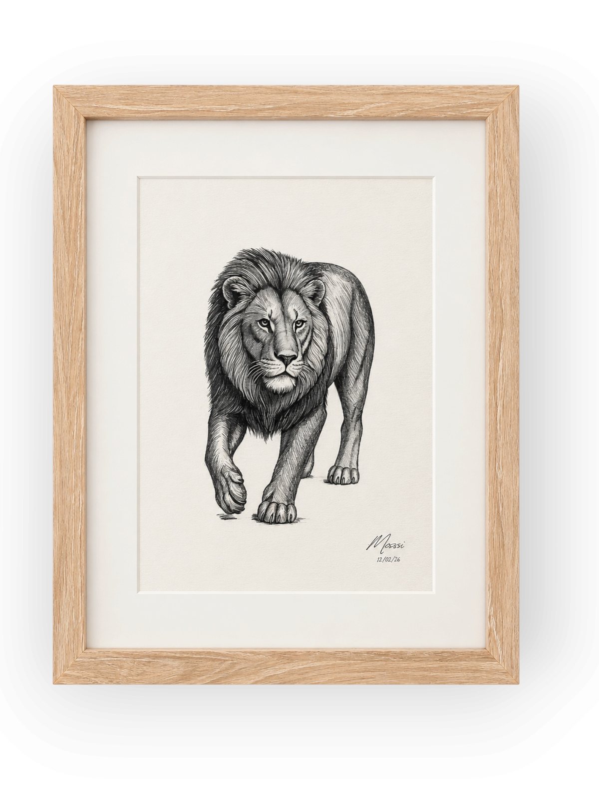 Framed black and white lion drawing by Mossi