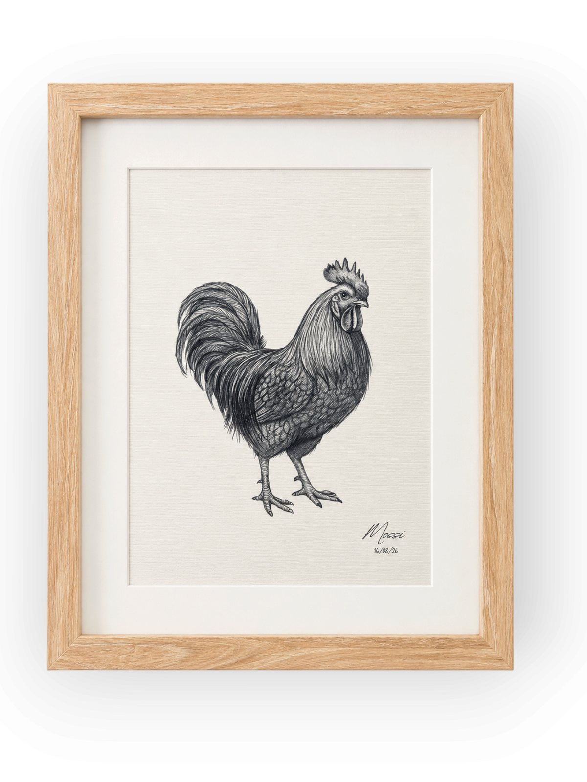 Framed black and white rooster drawing by Mossi