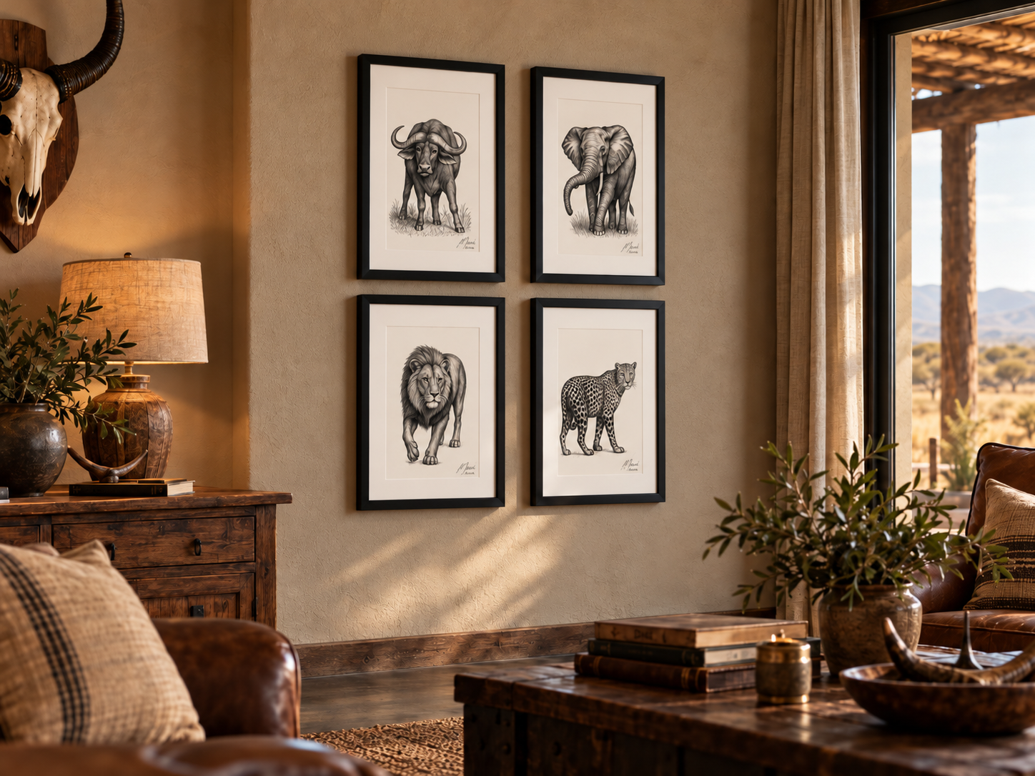 A little safari sanctuary: Buffalo, elephant, lion & leopard · Black frames