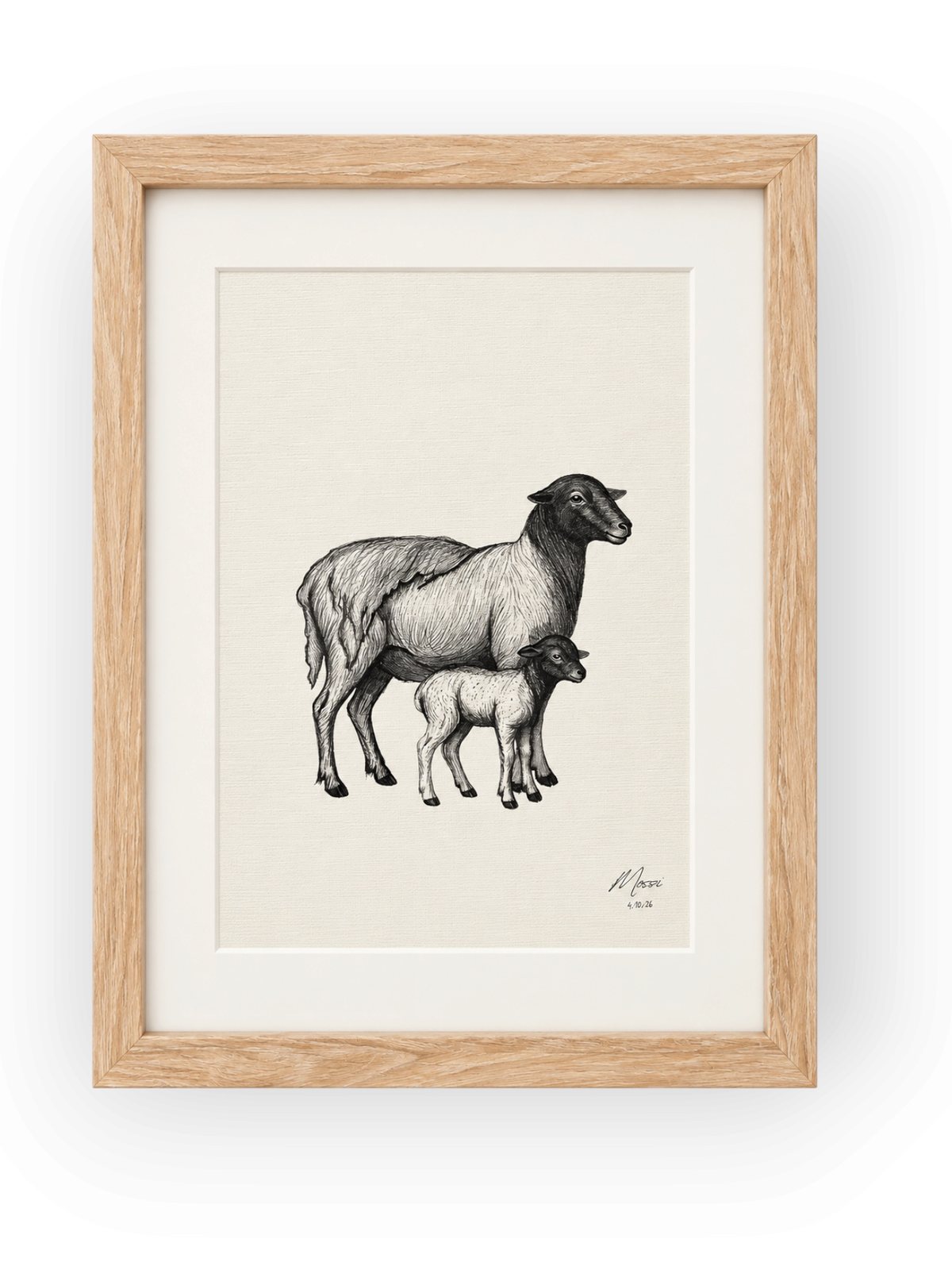 Framed black and white sheep & lamb drawing by Mossi