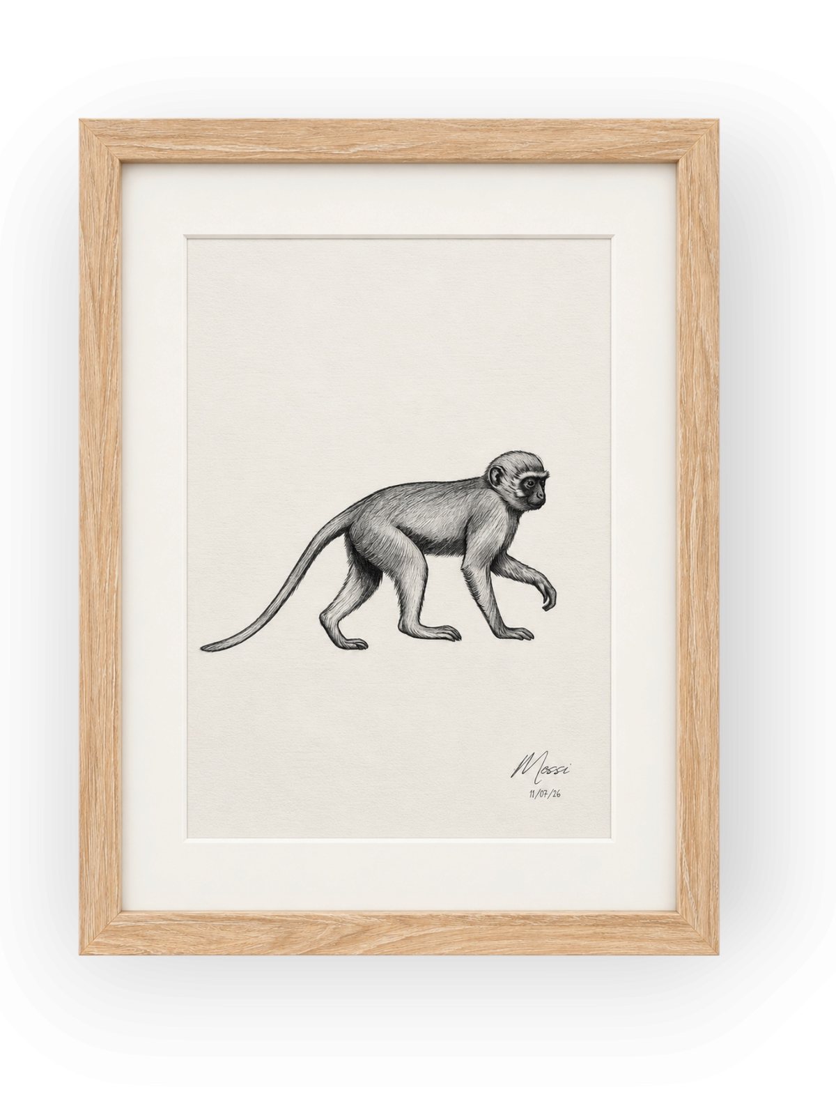 Framed black and white monkey drawing by Mossi