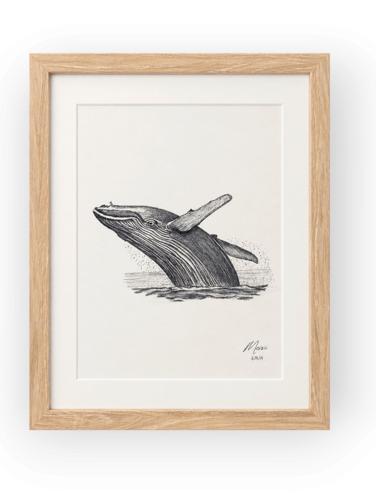 Framed black and white whale drawing by Mossi