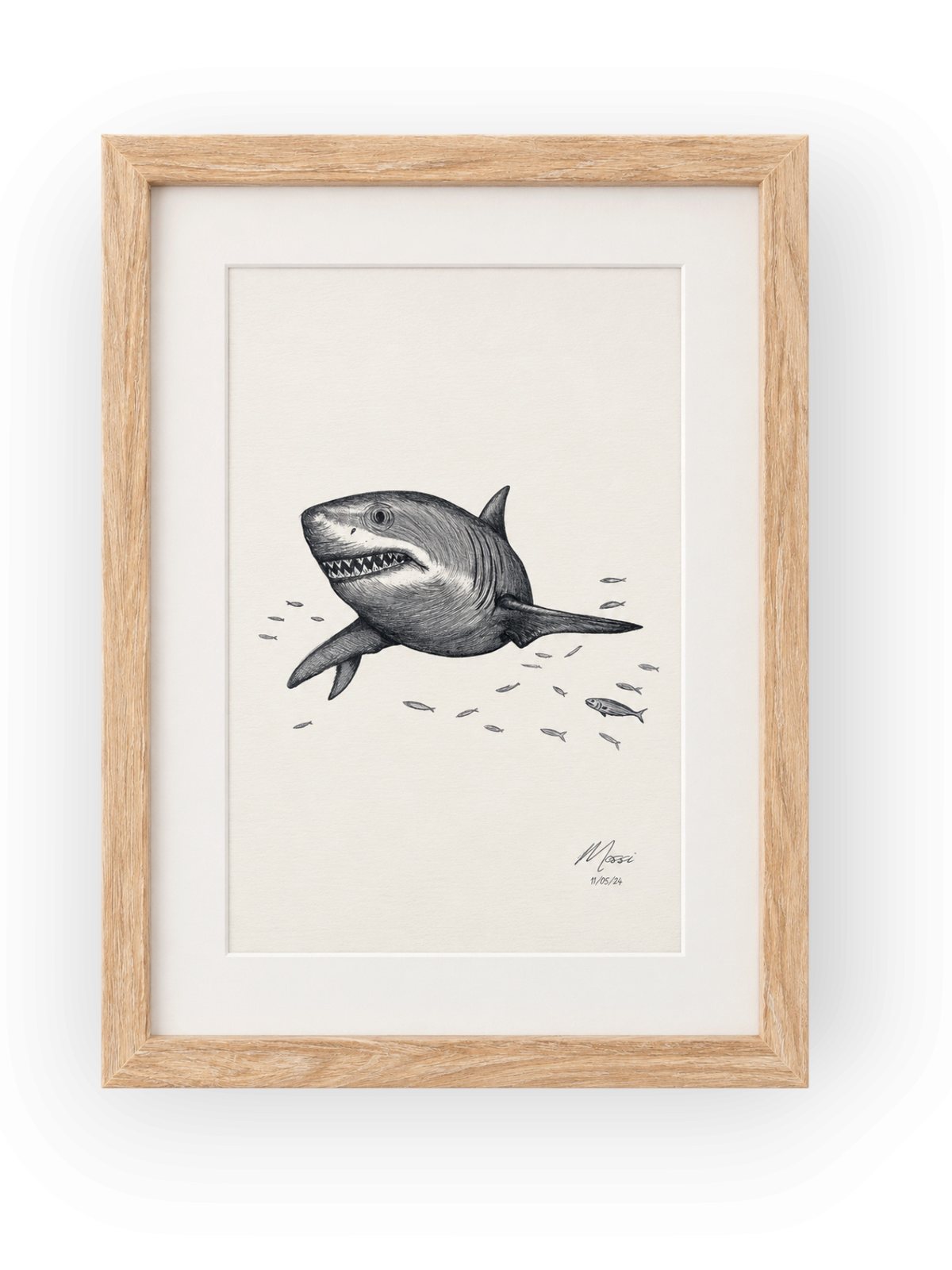 Framed black and white shark drawing by Mossi